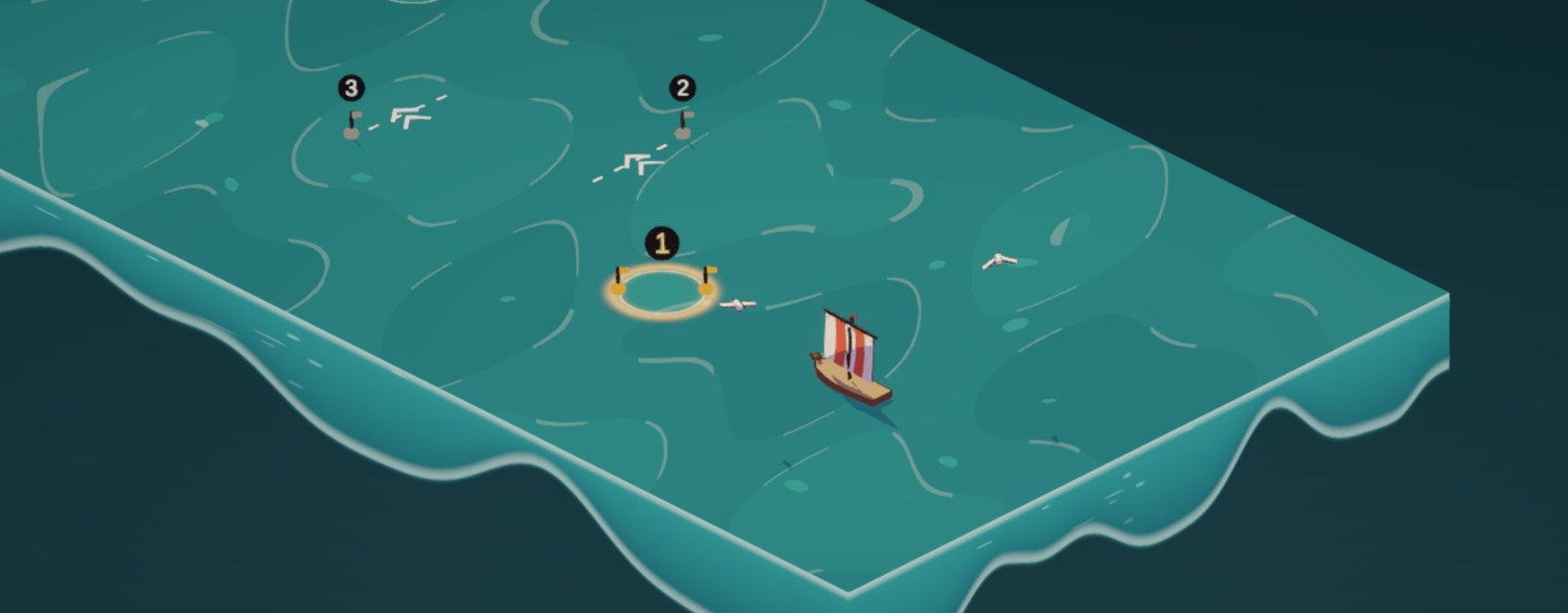 A sailing boat between numbered gates on a green sea; the first gate glows warm