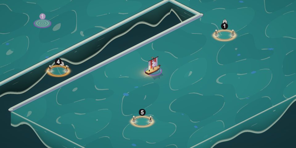 A dead calm puzzle: a trench of emptiness splits the sea, with a purple ring on one side and gates on the other